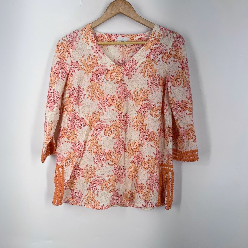 J Jill Womens XS Petite Coral Print Linen Cotton Tunic V-Neck 3/4 Sleeve Pink